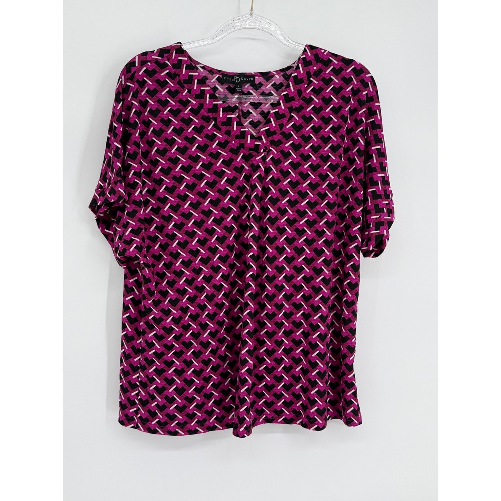 Fred David Womens Magenta Black Geometric‎ V-Neck Short Sleeve Blouse Sz  L